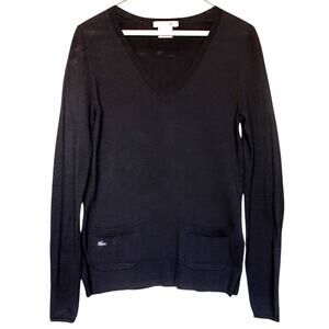 LACOSTE | Black V-Neck 100% Cotton Sweater Lightweight Pockets Button Cuffs